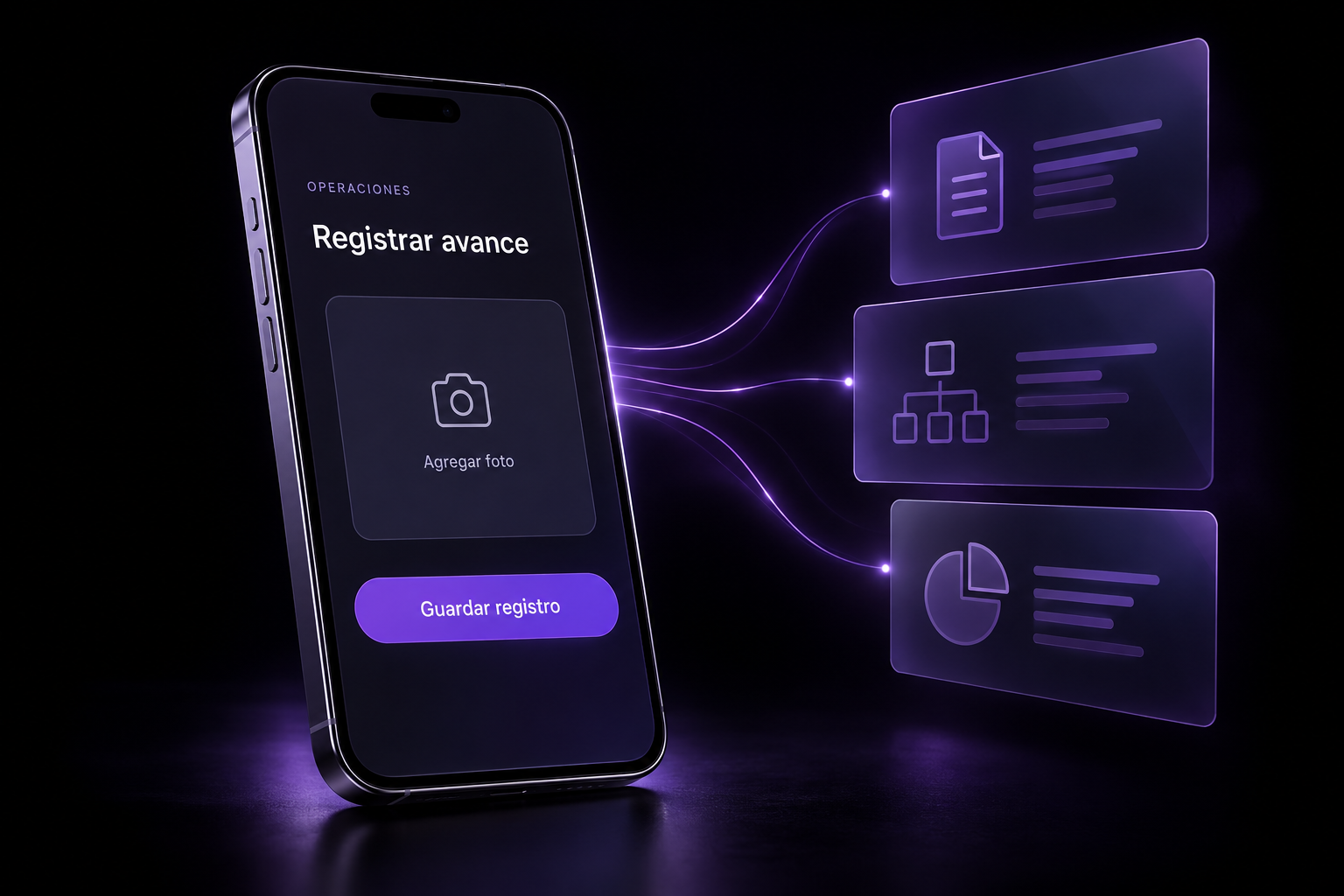 Ilustración de un celular para registrar avances y fotos, conectado con información de las áreas y la dirección.